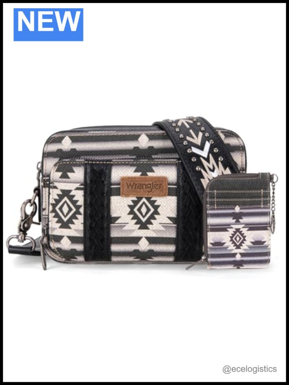 Boho Aztec Crossbody Bag with Card Wallet, Embroidered Guitar Strap, Rhinestone